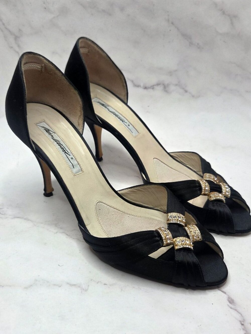Brian Atwood Jewel Embellished Black Satin Stiletto Heels Evening Women's 9 (39)